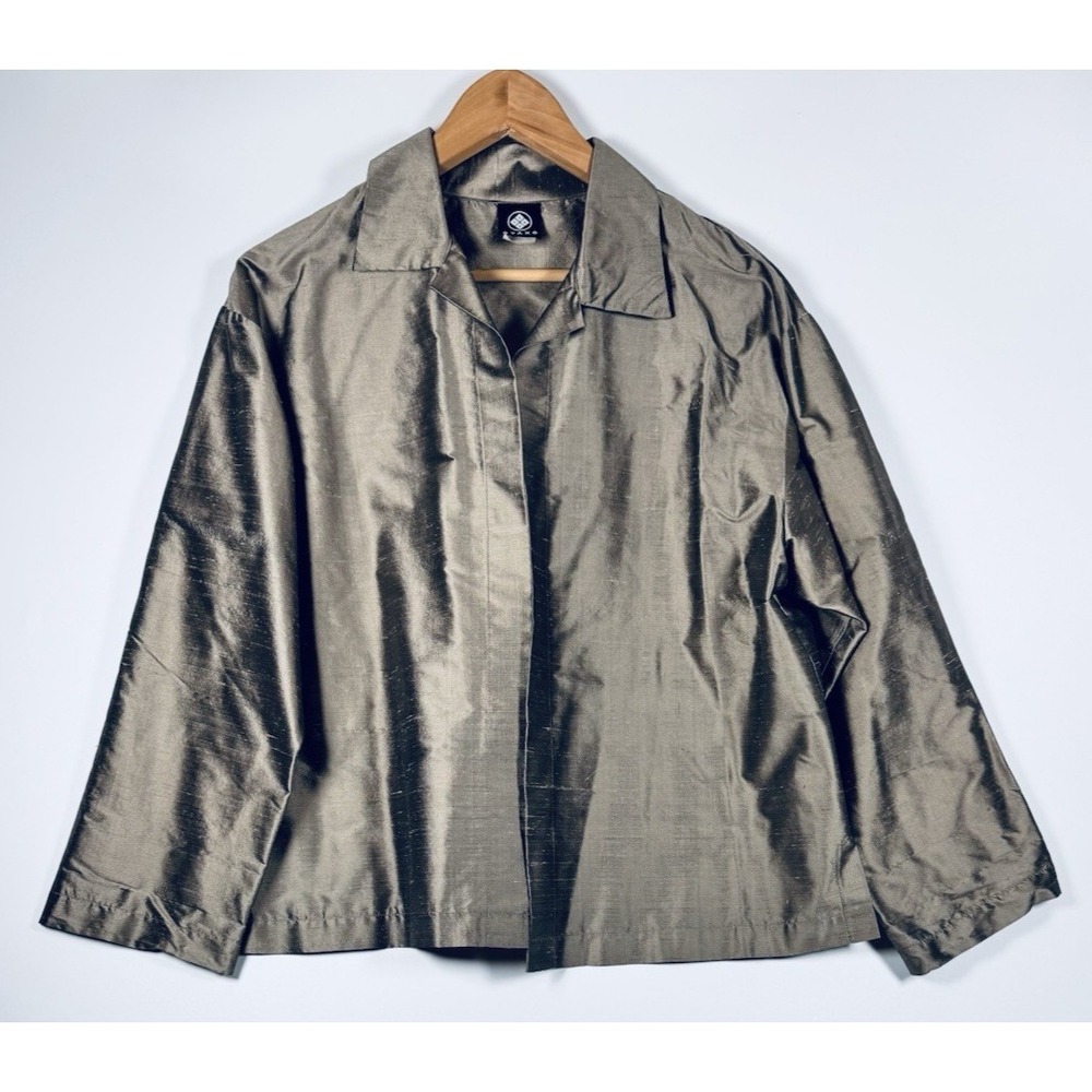Oyako Silk Jacket Womens Medium Taupe Metallic Open Front Shantung‎ Minimalist